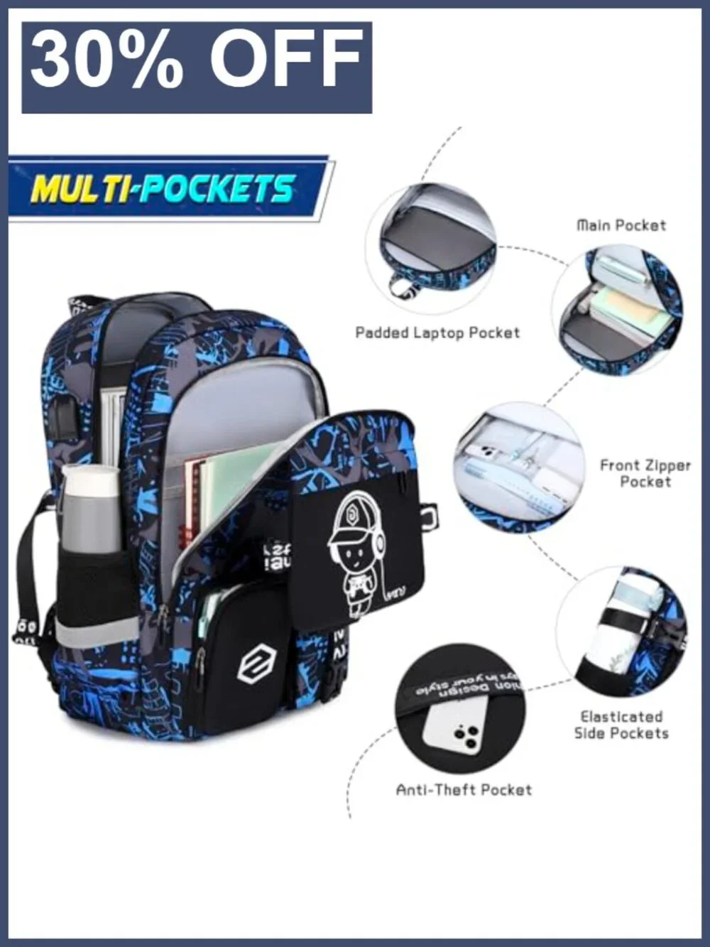 Kids Luminous School Backpack with Lunch Bag, Pencil Case, USB Port, Waterproof